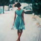 Bare feet, blue dress
