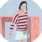 Portrait in Pink & Black with Blue Eyes on Black Hair