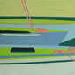 Blue boat with pink sail on deck