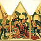 The Last Supper/Pope's Mega Squid Thrust, 2010 oil on panel in gold leaf frame. 